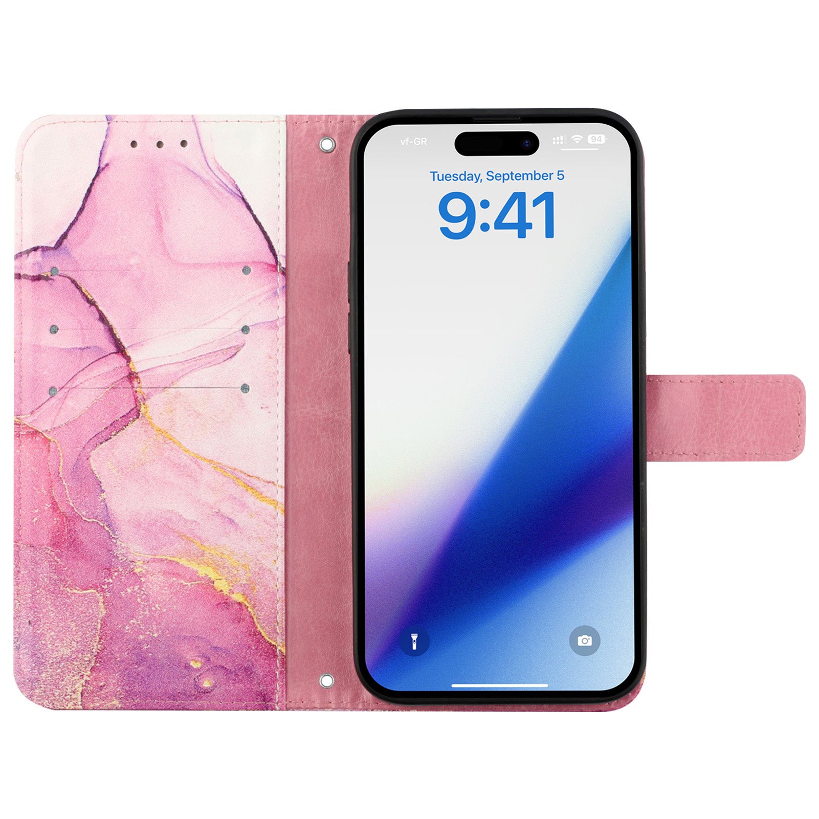Uniqkart for iPhone 15 YB Pattern Printing Leather Series-5 Smart Phone Shockproof Case Leather Stand Wallet Cover - Pink+Purple+Gold LS001 Uniqkart for iPhone 15 YB Pattern Printing Leather Series-5 Smart Phone Shockproof Case Leather Stand Wallet Cover - Pink+Purple+Gold LS001